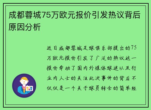 成都蓉城75万欧元报价引发热议背后原因分析
