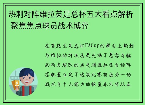 热刺对阵维拉英足总杯五大看点解析 聚焦焦点球员战术博弈