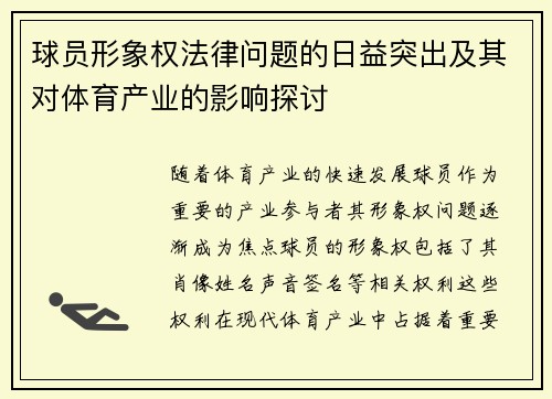 球员形象权法律问题的日益突出及其对体育产业的影响探讨