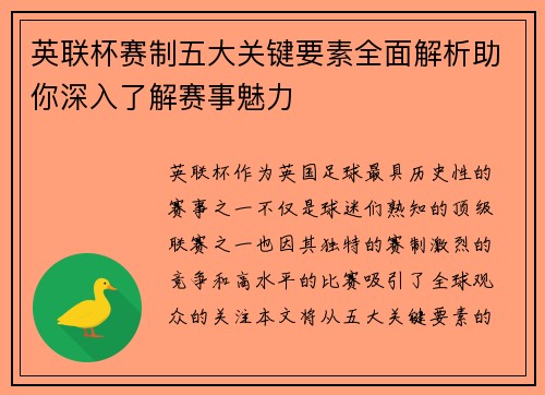 英联杯赛制五大关键要素全面解析助你深入了解赛事魅力